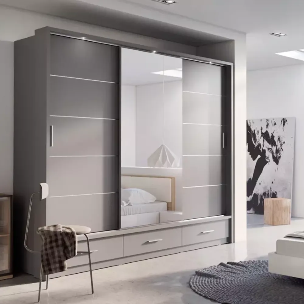 Zestawy Mebli Do Sypialni|Zestawy Mebli Do Przedpokoju>lenart. Szafa przesuwna 250 cm z lustrem szuflady półki drążki ARTI szary
