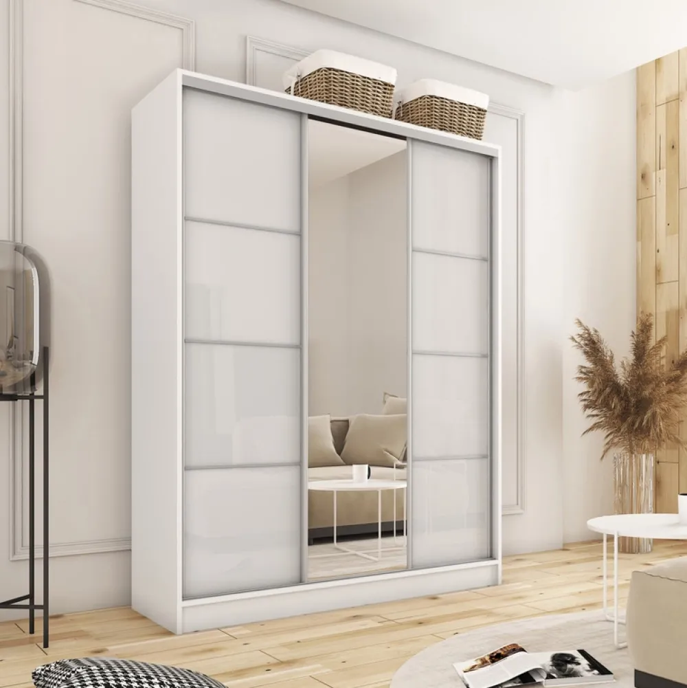 Zestawy Mebli Do Przedpokoju|Szafy Trzydrzwiowe>BROMARKT Szafa przesuwna 180 cm z lustrem TOP biały połysk