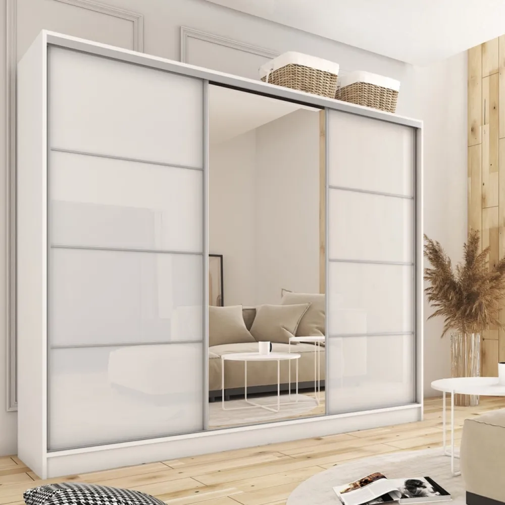 Zestawy Mebli Do Przedpokoju|Szafy Trzydrzwiowe>BROMARKT Szafa przesuwna 280 cm z lustrem TOP biały połysk