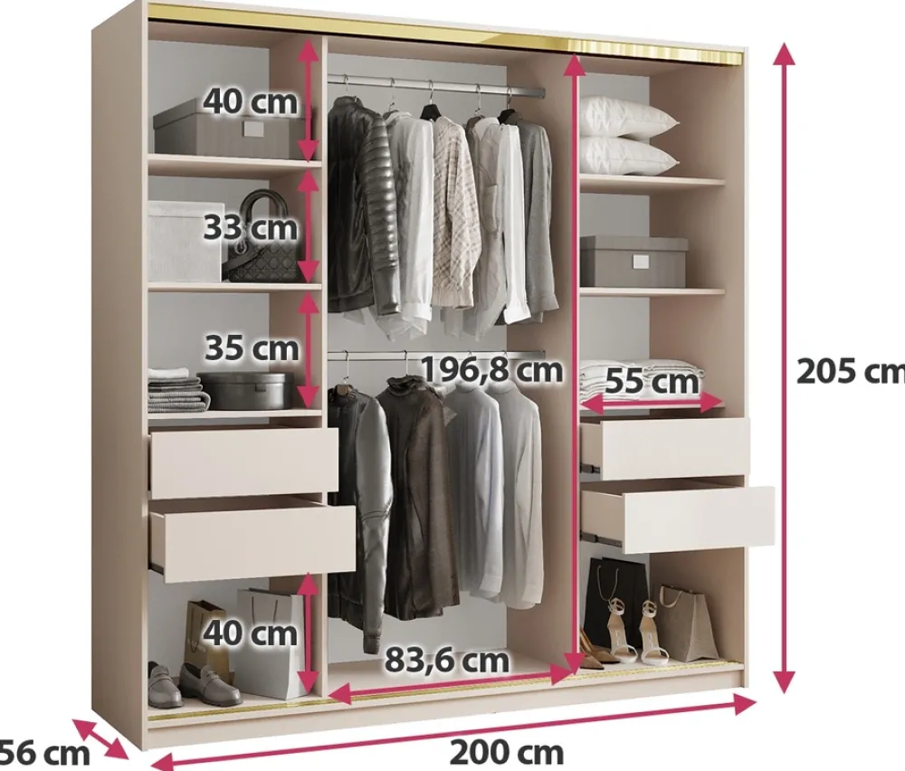 Zestawy Mebli Do Przedpokoju|Szafy Trzydrzwiowe>BROMARKT Szafa przesuwna 200 cm z szufladami GOLD NEW beż piaskowy