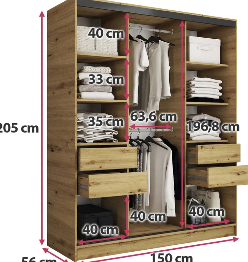 Zestawy Mebli Do Przedpokoju|Szafy Trzydrzwiowe>BROMARKT Szafa przesuwna 150 cm LOFT dąb artisan