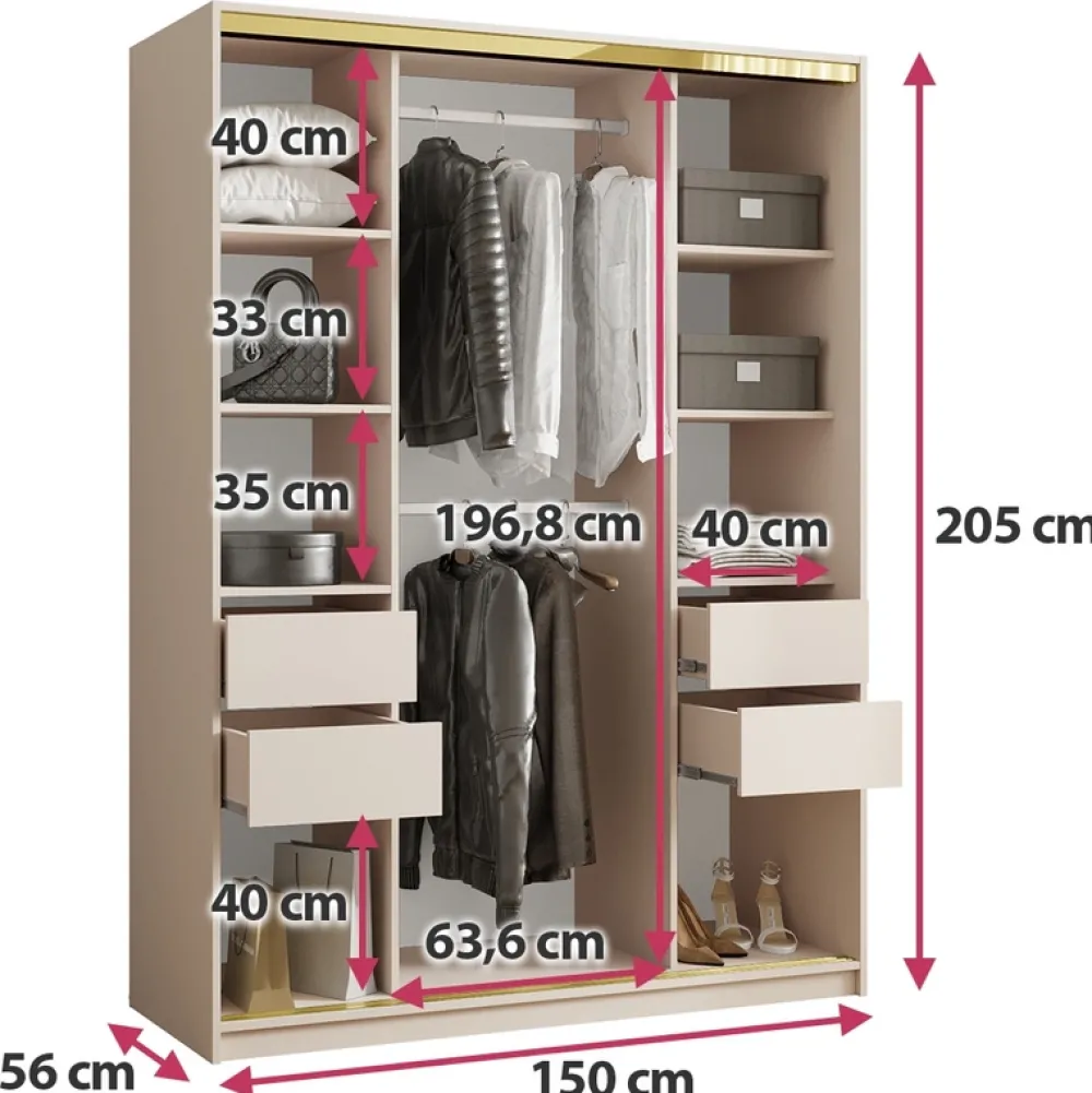 Zestawy Mebli Do Przedpokoju|Szafy Trzydrzwiowe>BROMARKT Szafa przesuwna do przedpokoju 150 cm GOLD NEW beż piaskowy