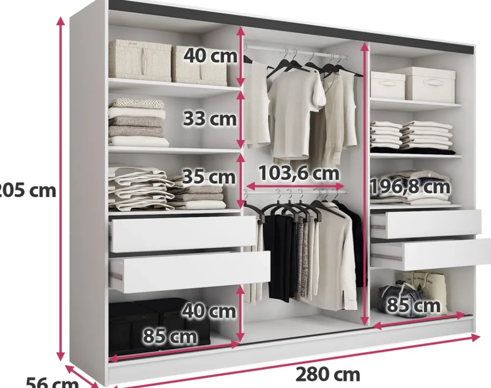 Zestawy Mebli Do Przedpokoju|Szafy Trzydrzwiowe>BROMARKT Szafa przesuwna na wysoki połysk 280 cm LOFT biały połysk