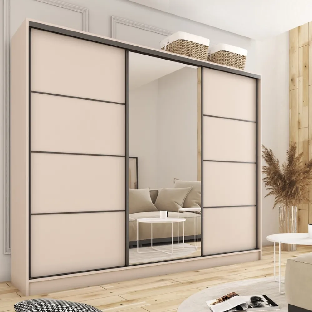 Zestawy Mebli Do Przedpokoju|Szafy Trzydrzwiowe>BROMARKT Szafa przesuwna z lustrem 280 cm z półkami LOFT MAX beż piaskowy