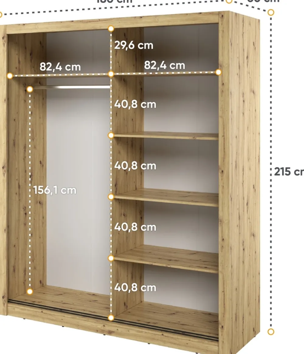 Szafy Dwudrzwiowe|Szafy Do Przedpokoju>lenart. Szafa przesuwna z lustrem 180 cm do sypialni ARTI z półkami dąb artisan