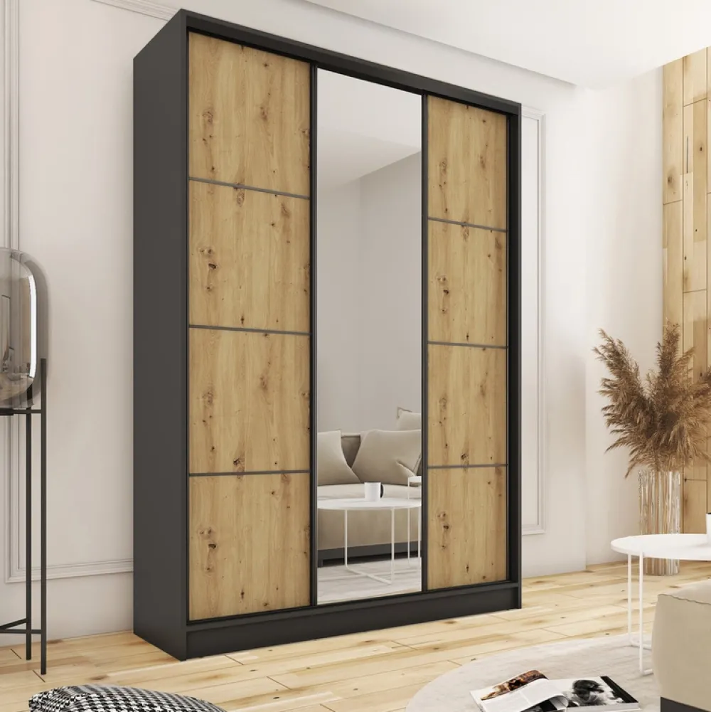 Zestawy Mebli Do Przedpokoju|Szafy Trzydrzwiowe>BROMARKT Szafa przesuwna z lustrem 150 cm LOFT MAX dąb artisan