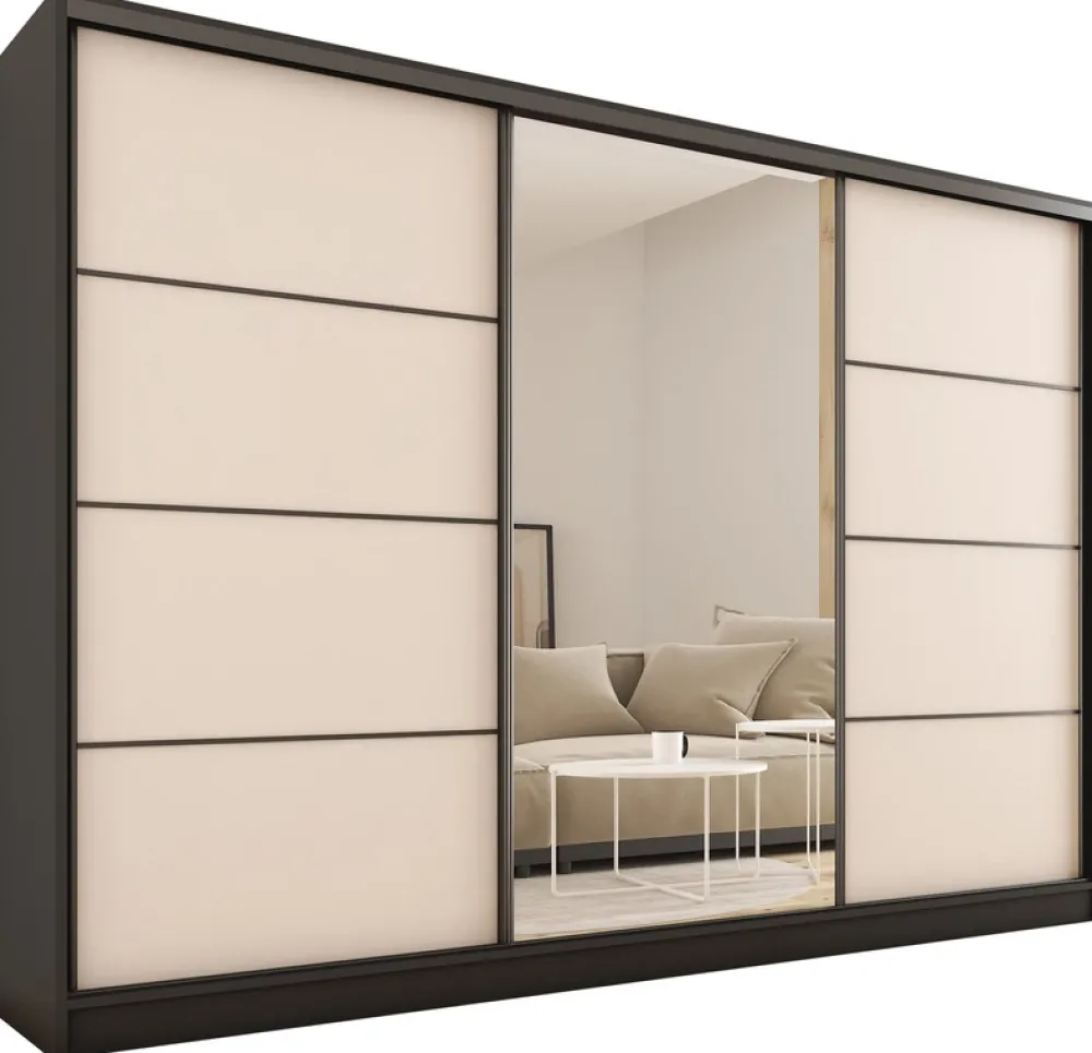 Zestawy Mebli Do Przedpokoju|Szafy Trzydrzwiowe>BROMARKT Szafa przesuwna z lustrem do sypialni 250 cm beż piaskowy LOFT