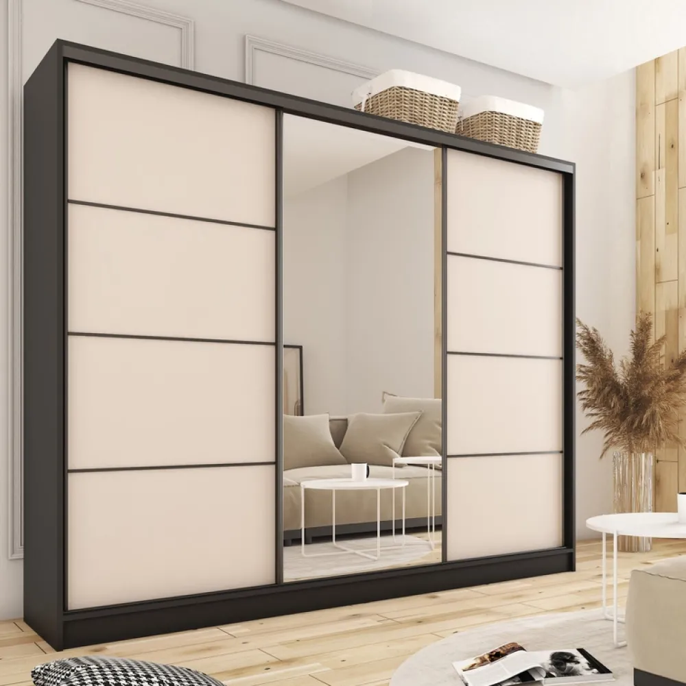 Zestawy Mebli Do Przedpokoju|Szafy Trzydrzwiowe>BROMARKT Szafa przesuwna z lustrem do sypialni 250 cm beż piaskowy LOFT