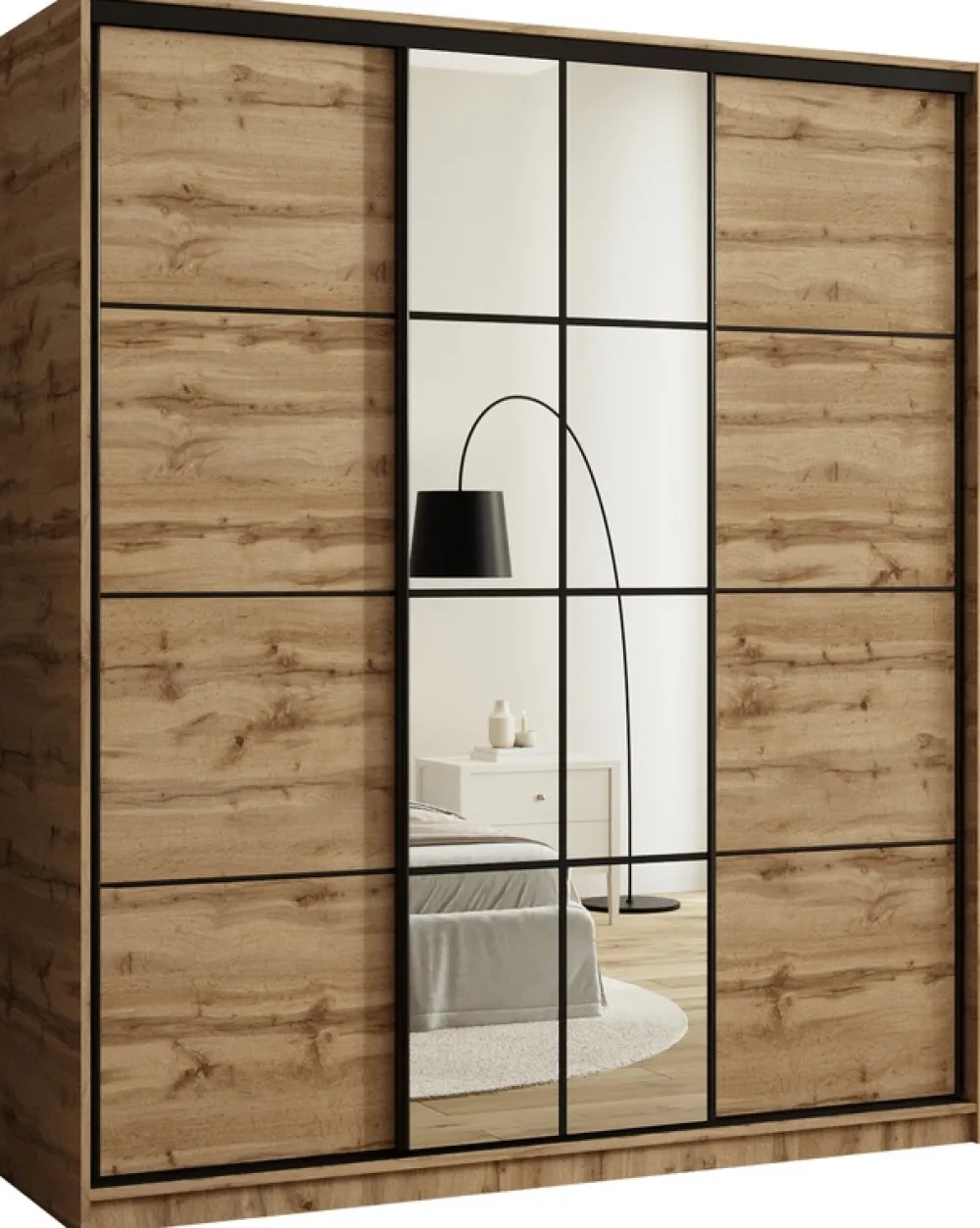 Zestawy Mebli Do Przedpokoju|Szafy Trzydrzwiowe>BROMARKT Szafa przesuwna z lustrem i szufladami 180 cm do sypialni EDGE dąb wotan
