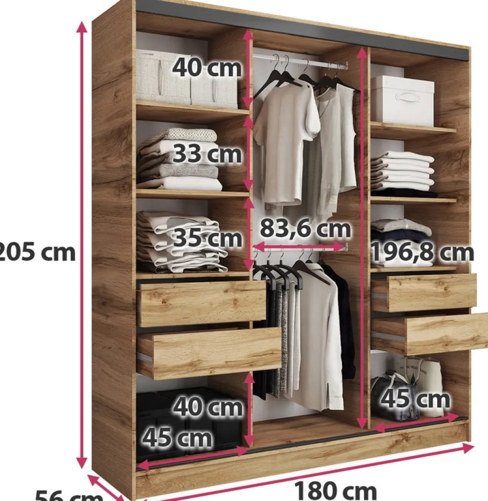 Zestawy Mebli Do Przedpokoju|Szafy Trzydrzwiowe>BROMARKT Szafa przesuwna z lustrem i szufladami 180 cm do sypialni EDGE dąb wotan