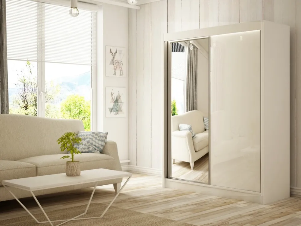 Zestawy Mebli Do Przedpokoju|Szafy Dwudrzwiowe>Arton Szafa przesuwna z lustrem 150 cm VARENO połysk biały