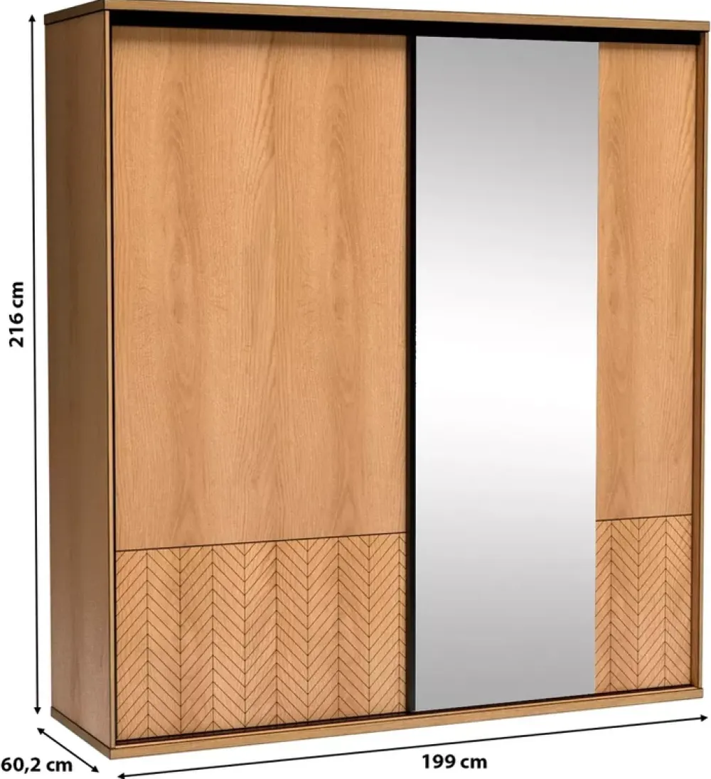 Zestawy Mebli Do Sypialni|Szafy Dwudrzwiowe>JARSTOL Szafa przesuwna z lustrem 199 cm FONETTI dąb karmel