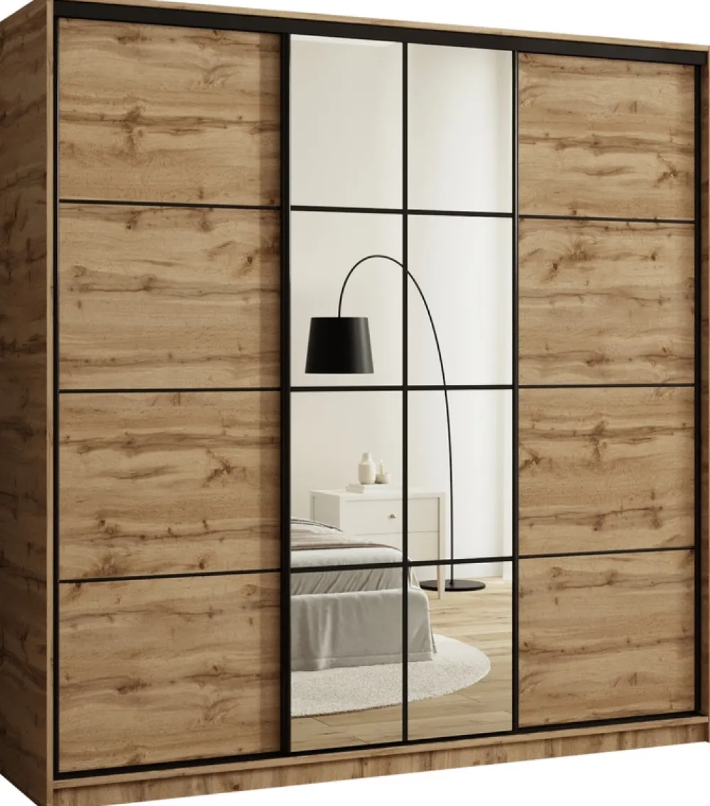 Zestawy Mebli Do Przedpokoju|Szafy Trzydrzwiowe>BROMARKT Szafa przesuwna z lustrem i półkami 200 cm do sypialni EDGE dąb wotan