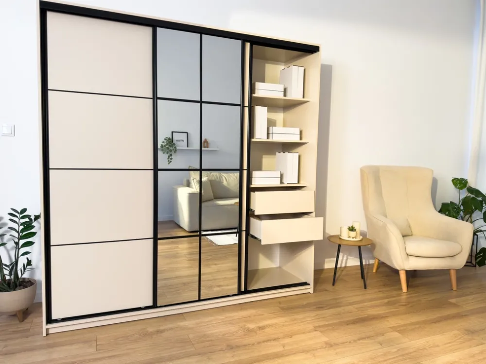 Zestawy Mebli Do Przedpokoju|Szafy Trzydrzwiowe>BROMARKT Szafa przesuwna z lustrem i półkami 200 cm do sypialni EDGE dąb wotan