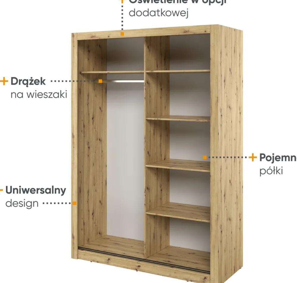 Zestawy Mebli Do Sypialni|Szafy Dwudrzwiowe>lenart. Szafa przesuwna z lustrem 150 cm ARTI z półkami i drążkiem dąb artisan