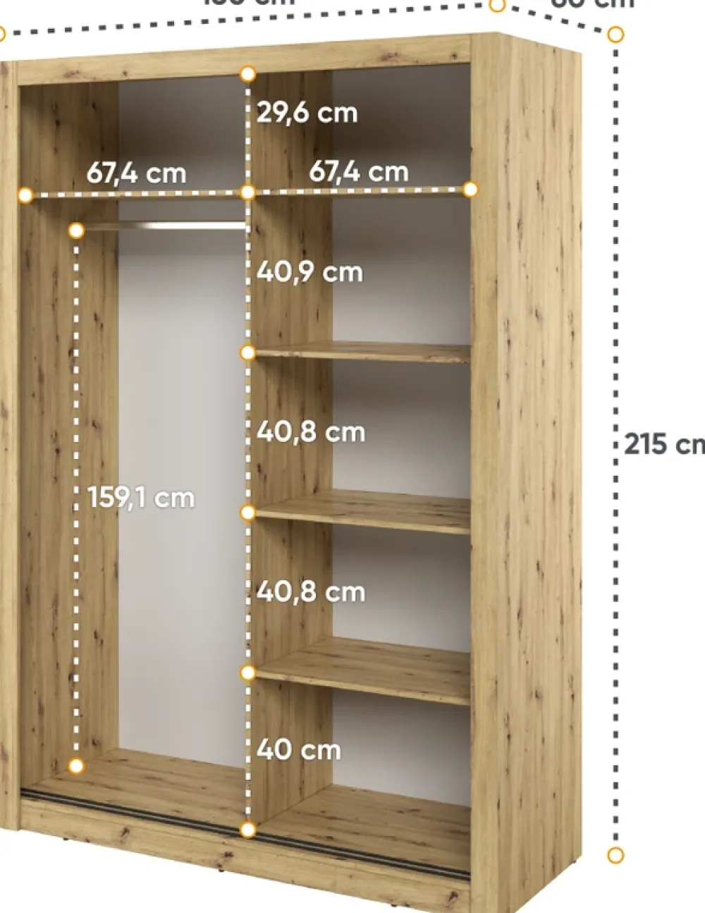 Zestawy Mebli Do Sypialni|Szafy Dwudrzwiowe>lenart. Szafa przesuwna z lustrem 150 cm ARTI z półkami i drążkiem dąb artisan
