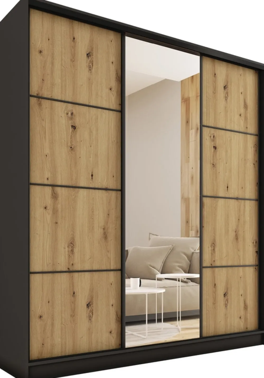 Zestawy Mebli Do Przedpokoju|Szafy Trzydrzwiowe>BROMARKT Szafa przesuwna z lustrem do sypialni 180 cm LOFT MAX dąb artisan