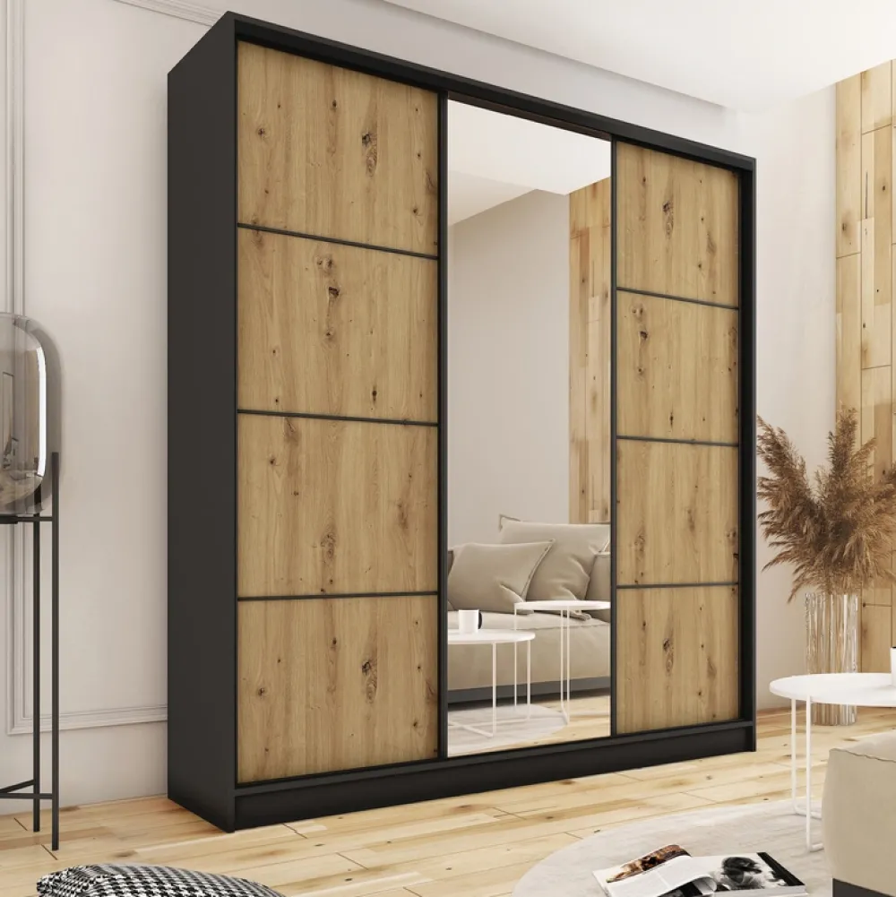 Zestawy Mebli Do Przedpokoju|Szafy Trzydrzwiowe>BROMARKT Szafa przesuwna z lustrem do sypialni 180 cm LOFT MAX dąb artisan