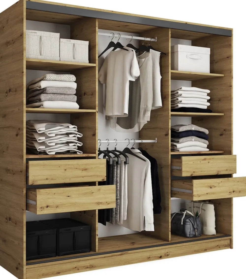 Zestawy Mebli Do Przedpokoju|Szafy Trzydrzwiowe>BROMARKT Szafa przesuwna z lustrem i półkami 200 cm do sypialni EDGE dąb artisan