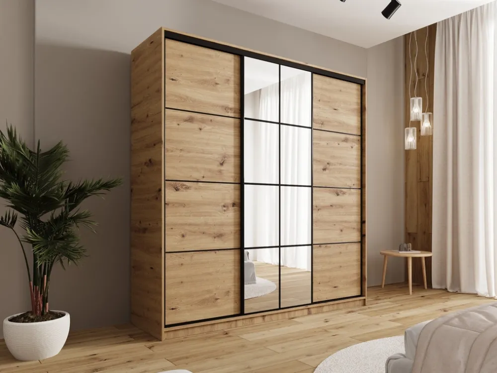 Zestawy Mebli Do Przedpokoju|Szafy Trzydrzwiowe>BROMARKT Szafa przesuwna z lustrem i półkami 200 cm do sypialni EDGE dąb artisan