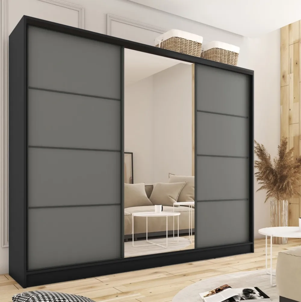 Zestawy Mebli Do Przedpokoju|Szafy Trzydrzwiowe>BROMARKT Szafa przesuwna z lustrem do sypialni 250 cm LOFT grafit