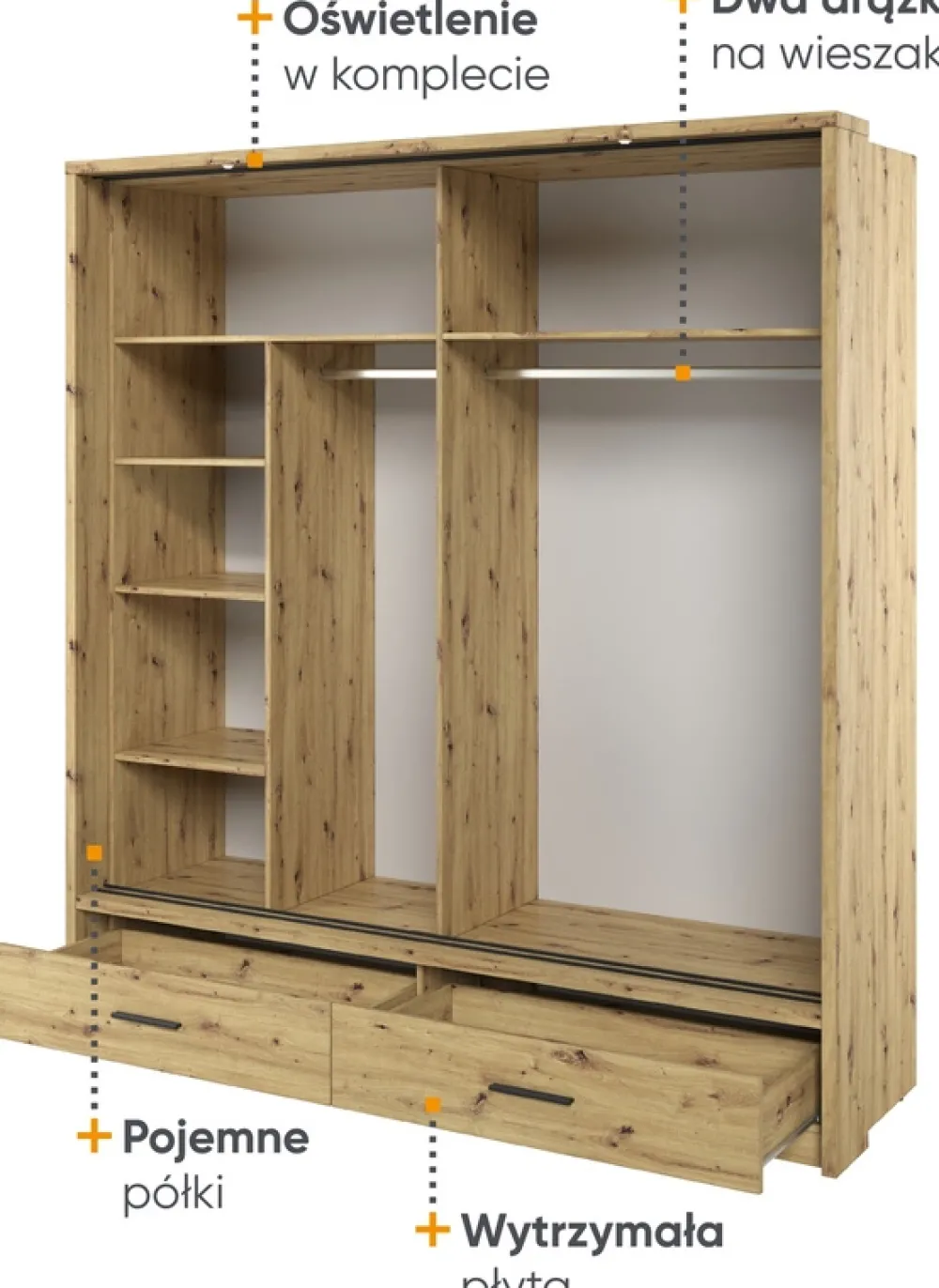 Zestawy Mebli Do Sypialni|Szafy Dwudrzwiowe>lenart. Szafa przesuwna z lustrem 200 cm do sypialni ARTI dąb artisan