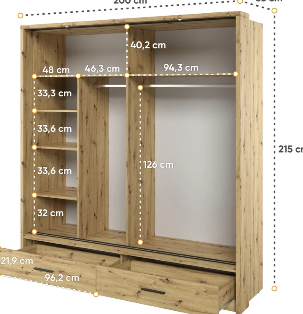 Zestawy Mebli Do Sypialni|Szafy Dwudrzwiowe>lenart. Szafa przesuwna z lustrem 200 cm do sypialni ARTI dąb artisan
