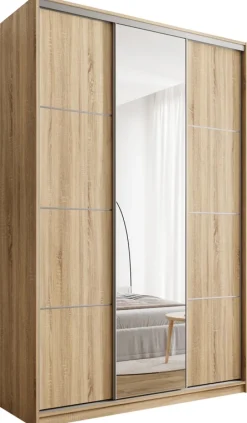 Zestawy Mebli Do Przedpokoju|Szafy Trzydrzwiowe>BROMARKT Szafa przesuwna z lustrem 150 cm TOP MAX dąb sonoma