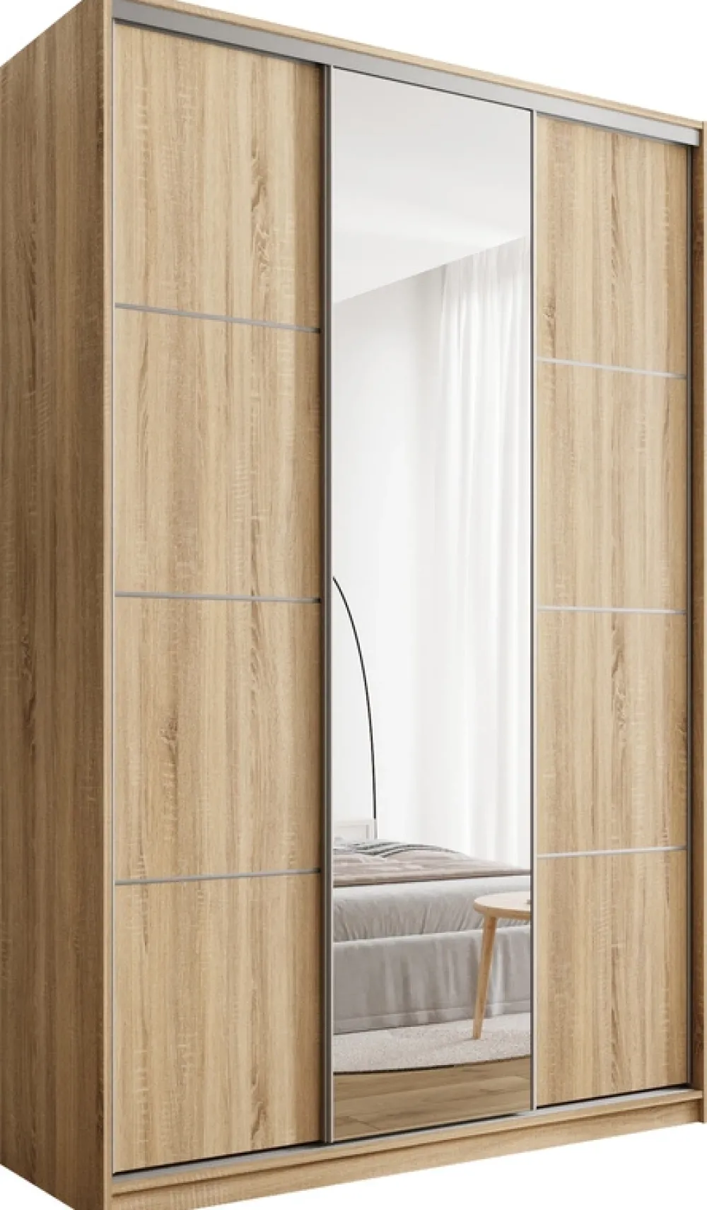 Zestawy Mebli Do Przedpokoju|Szafy Trzydrzwiowe>BROMARKT Szafa przesuwna z lustrem 150 cm TOP MAX dąb sonoma