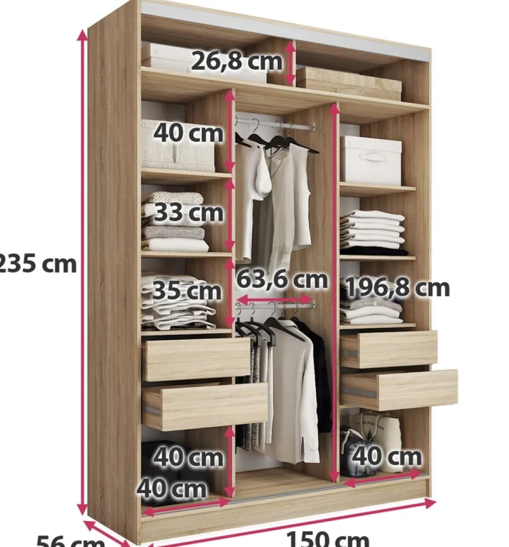 Zestawy Mebli Do Przedpokoju|Szafy Trzydrzwiowe>BROMARKT Szafa przesuwna z lustrem 150 cm TOP MAX dąb sonoma