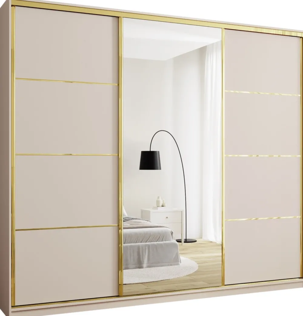 Zestawy Mebli Do Przedpokoju|Szafy Trzydrzwiowe>BROMARKT Szafa przesuwna z lustrem 280 cm GOLD NEW MAX beż piaskowy