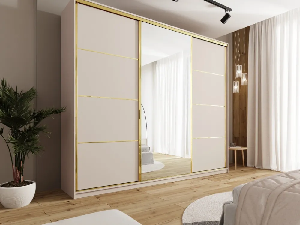 Zestawy Mebli Do Przedpokoju|Szafy Trzydrzwiowe>BROMARKT Szafa przesuwna z lustrem 280 cm GOLD NEW MAX beż piaskowy