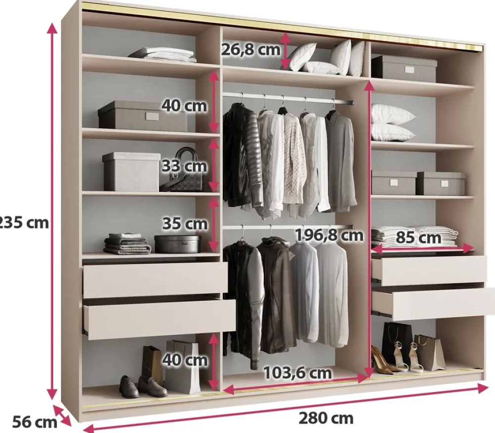 Zestawy Mebli Do Przedpokoju|Szafy Trzydrzwiowe>BROMARKT Szafa przesuwna z lustrem 280 cm GOLD NEW MAX beż piaskowy