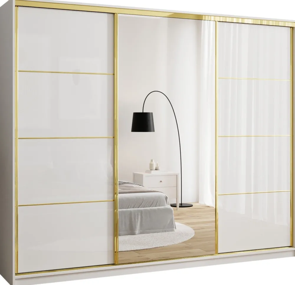 Zestawy Mebli Do Przedpokoju|Szafy Trzydrzwiowe>BROMARKT Szafa przesuwna z lustrem 250 cm GOLD NEW połysk biały połysk