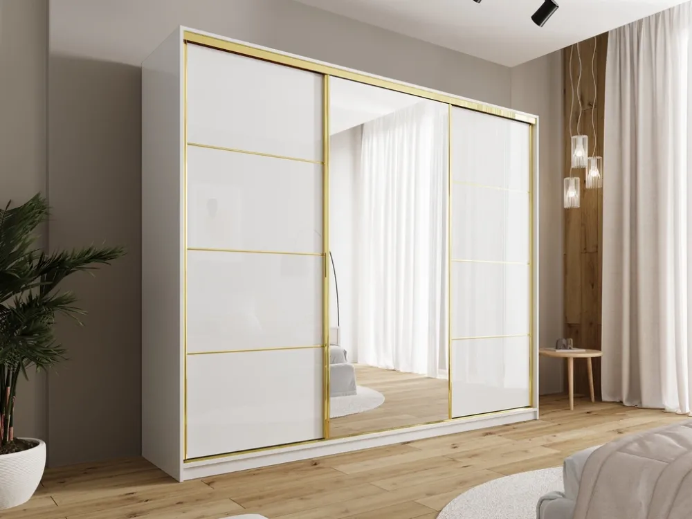 Zestawy Mebli Do Przedpokoju|Szafy Trzydrzwiowe>BROMARKT Szafa przesuwna z lustrem 250 cm GOLD NEW połysk biały połysk