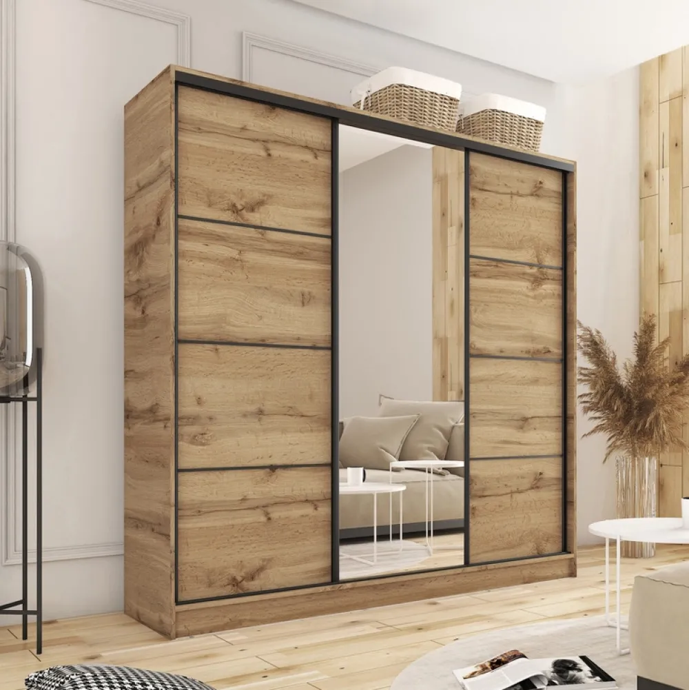 Zestawy Mebli Do Przedpokoju|Szafy Trzydrzwiowe>BROMARKT Szafa przesuwna z lustrem LOFT dąb wotan