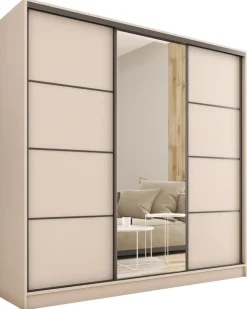 Szafy Trzydrzwiowe|Szafy Do Przedpokoju>BROMARKT Szafa przesuwna z lustrem do sypialni 180 cm LOFT beż piaskowy