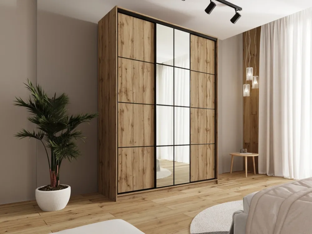 Zestawy Mebli Do Przedpokoju|Szafy Trzydrzwiowe>BROMARKT Szafa przesuwna z lustrem 180 cm do sypialni EDGE MAX dąb wotan