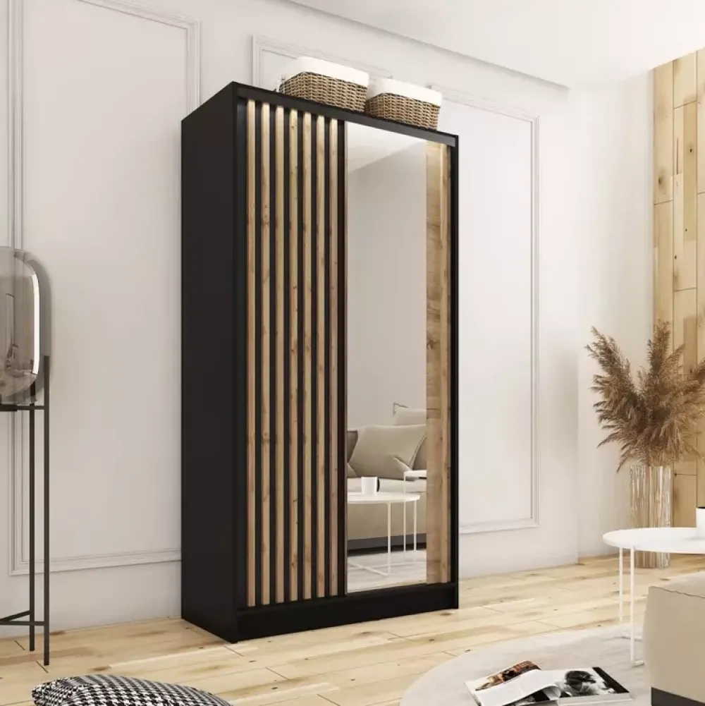 Zestawy Mebli Do Przedpokoju|Szafy Trzydrzwiowe>BROMARKT Szafa przesuwna z lustrem i lamelami 100 cm LAMEL 3D