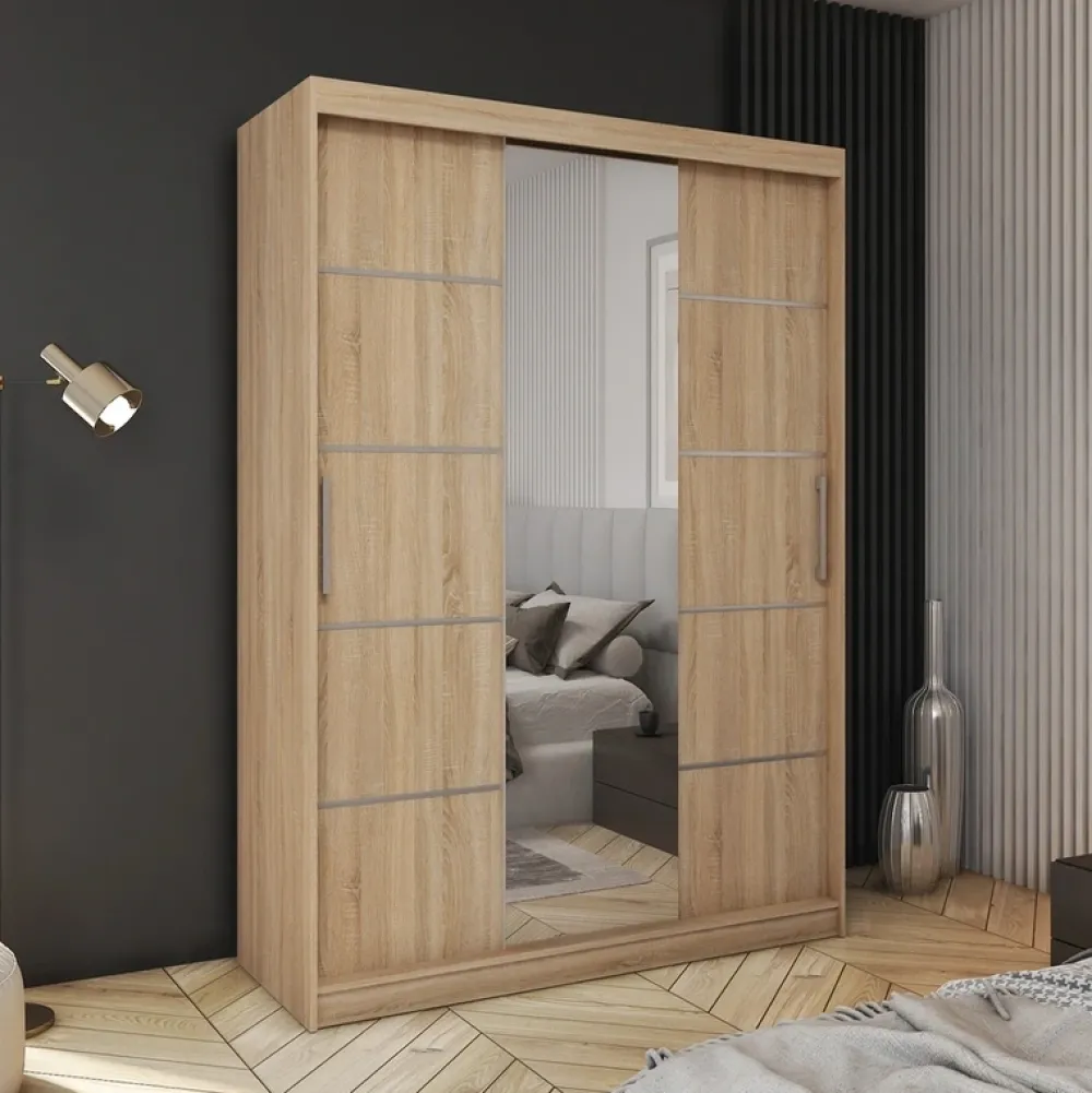 Meble Dla Dzieci|Meble Młodzieżowe>Meblohand Szafa przesuwna z półkami 150 cm lustro drążki szuflady HOT dąb sonoma