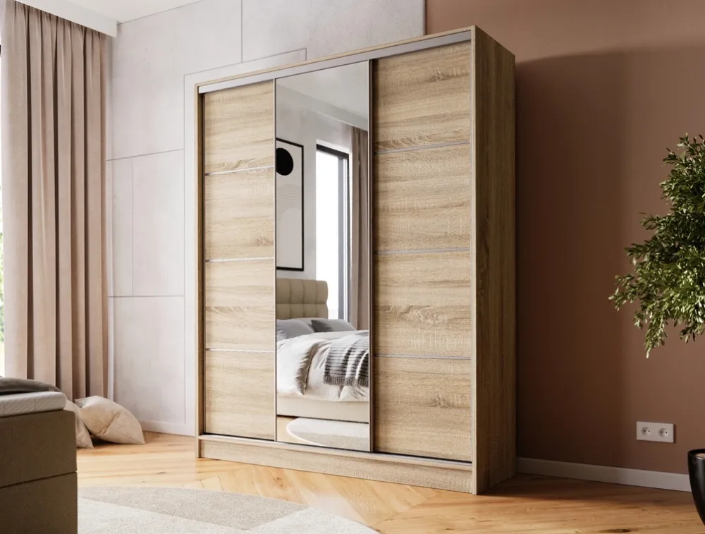 Zestawy Mebli Do Przedpokoju|Szafy Trzydrzwiowe>BROMARKT Szafa przesuwna z półkami 150 cm BEST dąb sonoma