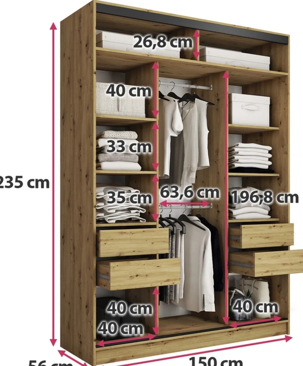Zestawy Mebli Do Przedpokoju|Szafy Trzydrzwiowe>BROMARKT Szafa przesuwna z szufladami 150 cm LOFT MAX dąb artisan