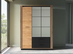 Meble Młodzieżowe|Zestawy Mebli Do Sypialni>ML Meble Szafa trzydrzwiowa 150 cm z lustrem dąb craft złoty czarny z szufladami i drążkiem UMIO