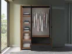 Meble Młodzieżowe|Zestawy Mebli Do Sypialni>ML Meble Szafa trzydrzwiowa 150 cm z lustrem dąb craft złoty czarny z szufladami i drążkiem UMIO