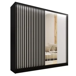 Zestawy Mebli Do Przedpokoju|Szafy Trzydrzwiowe>BROMARKT Szafa z czarnymi lamelami na drzwiach i lustrem 200 cm LAMEL 3D