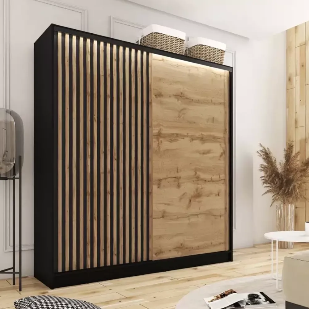 Zestawy Mebli Do Przedpokoju|Szafy Trzydrzwiowe>BROMARKT Szafa z lamelami na drzwiach dąb wotan 180 cm LAMEL 3D