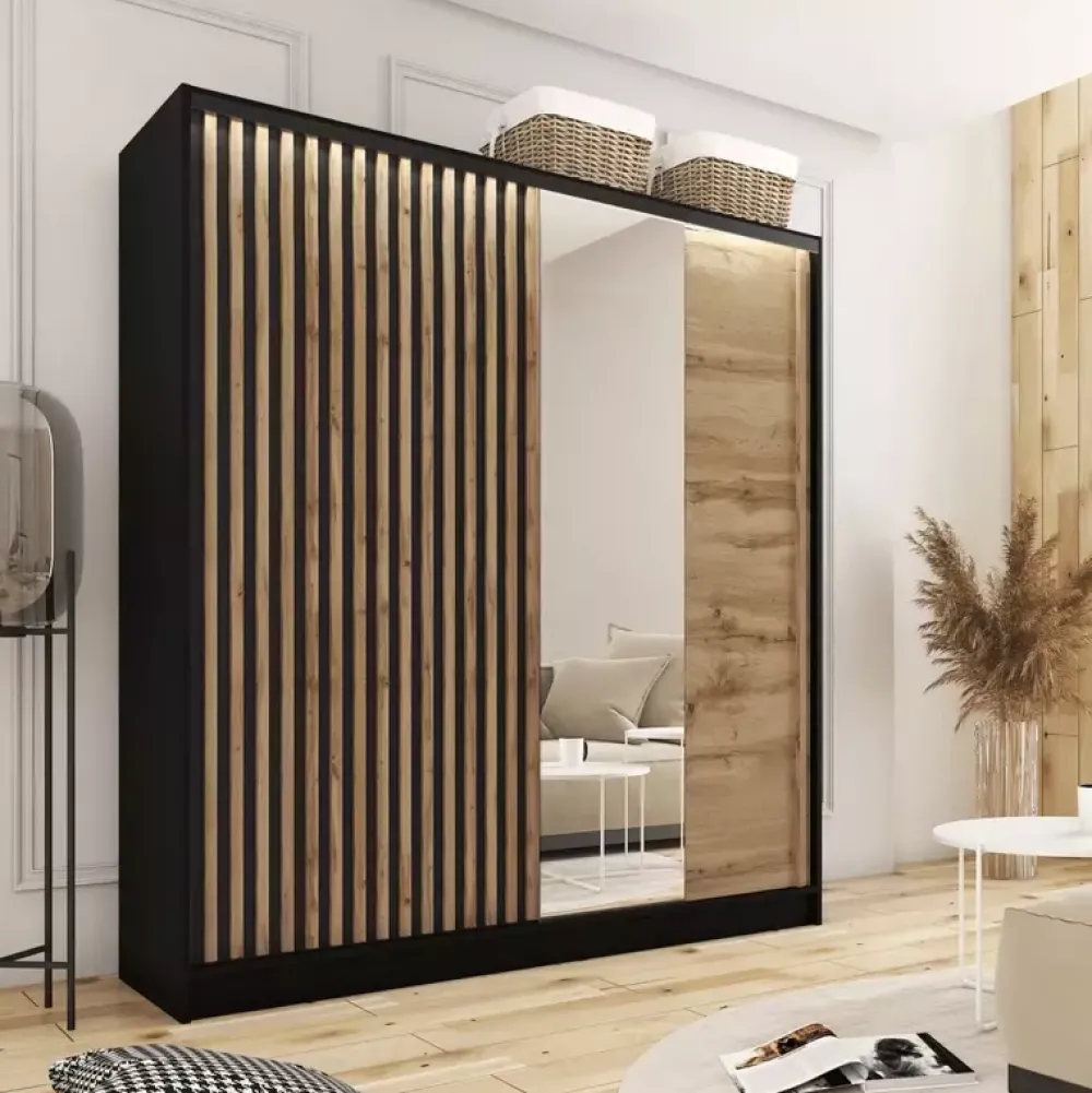 Zestawy Mebli Do Przedpokoju|Szafy Trzydrzwiowe>BROMARKT Szafa z lamelowymi drzwiami i lustrem 180 cm LAMEL 3D