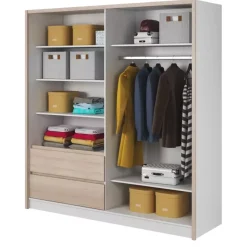 Szafy Z Lustrem|Szafy Przesuwne>PIASKI Szafa z lustrem 200 cm biała dąb sonoma MALTA