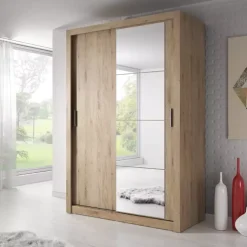 Szafy Przesuwne></noscript>lenart. Szafa z lustrem 150 cm drzwi przesuwne półki drążek ARTI dąb shetland