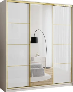 Zestawy Mebli Do Przedpokoju|Szafy Trzydrzwiowe>BROMARKT Szafa z lustrem 180 cm GOLD NEW biały połysk